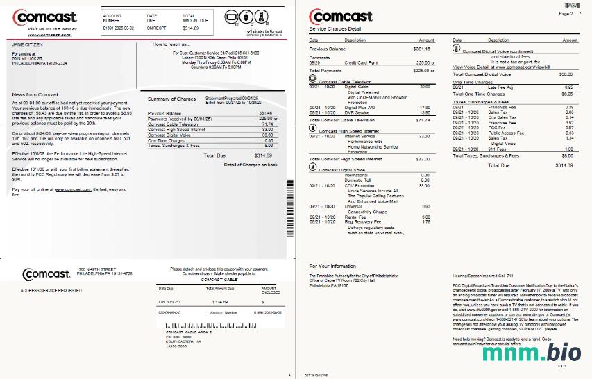 Szablon rachunku za media Comcast USA w formatach Word i PDF, 2 strony, Wersja 2